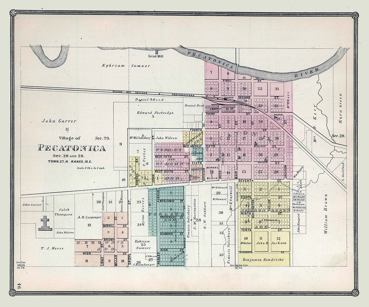 1886 Map of Pecatonica Winnebago County Illinois