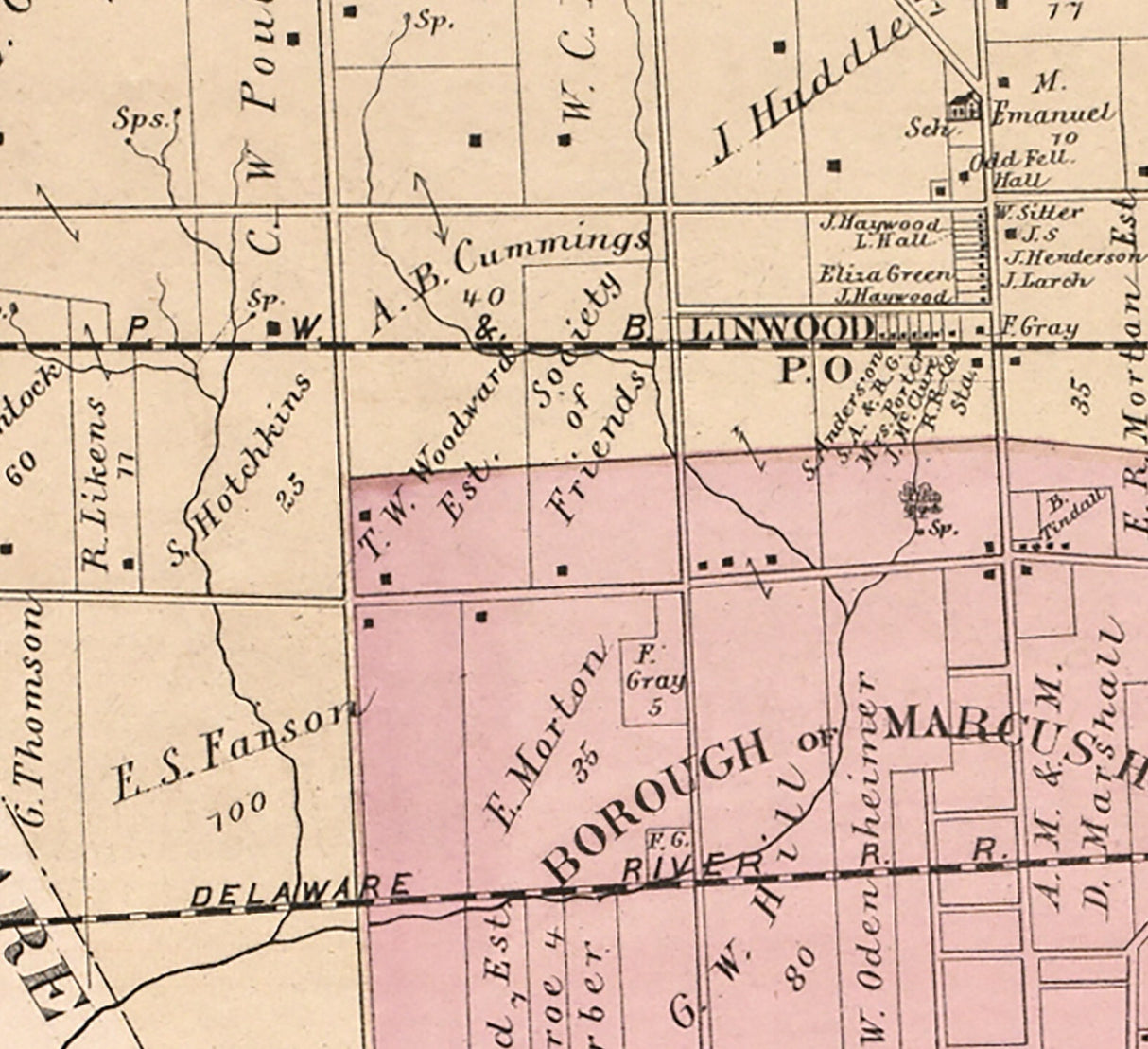 1875 Map of Marcus Hook Delaware County Pennsylvania