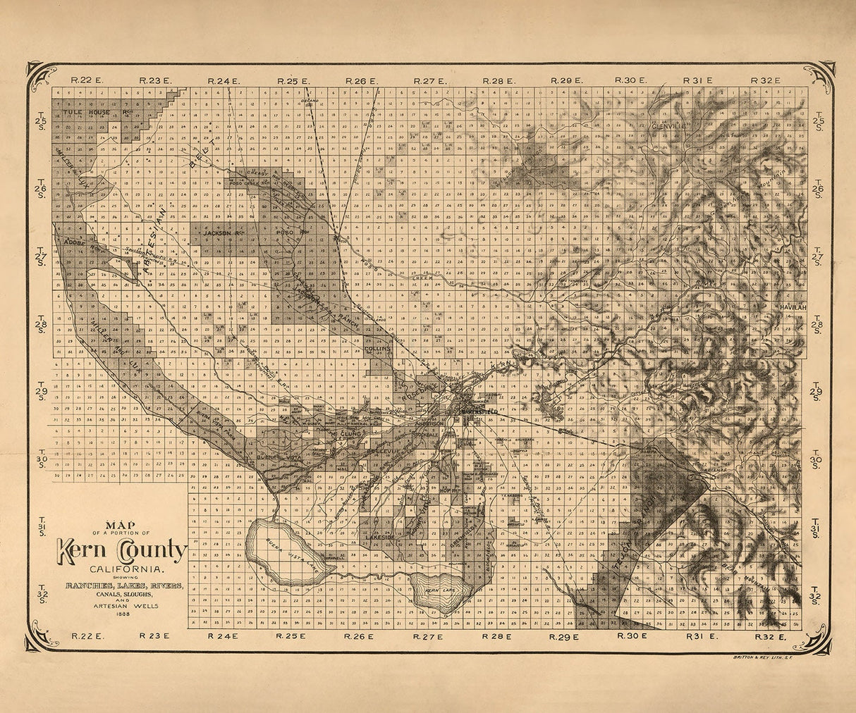 1888 Map of Part of Kern County California Bakersfield