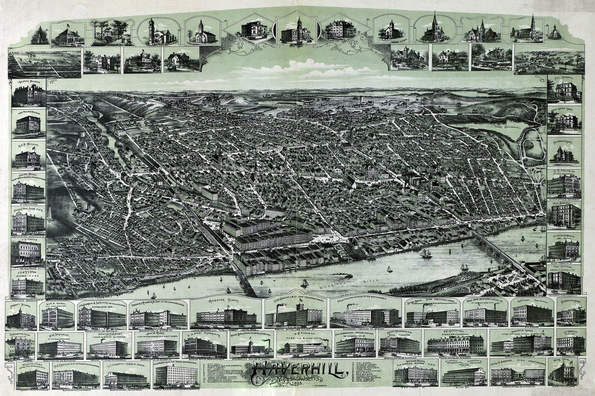 1893 Panoramic Map of Haverhill Massachusetts