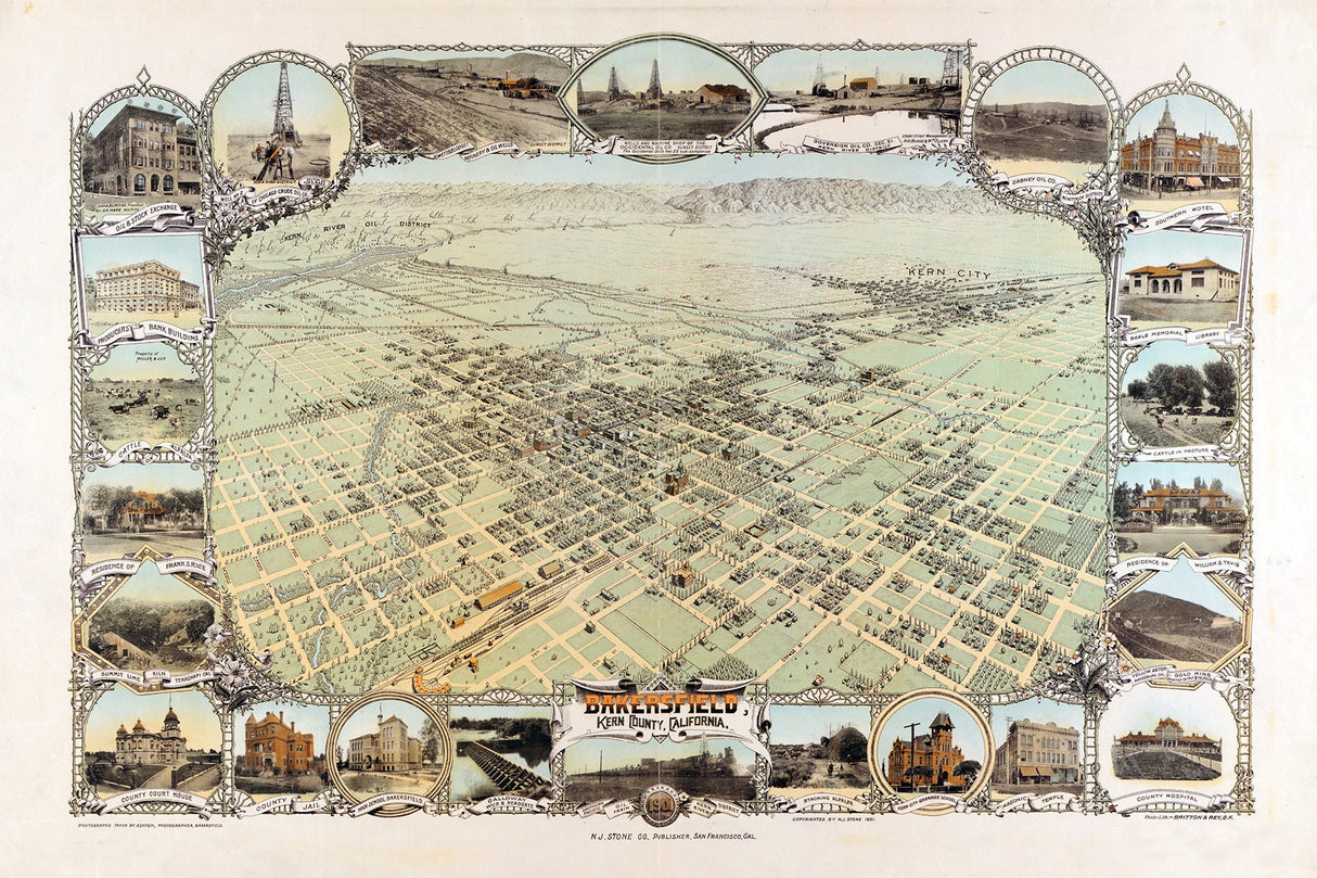 1901 Panoramic Map of Bakersfield Kern County California
