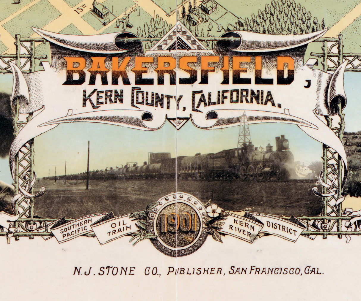 1901 Panoramic Map of Bakersfield Kern County California