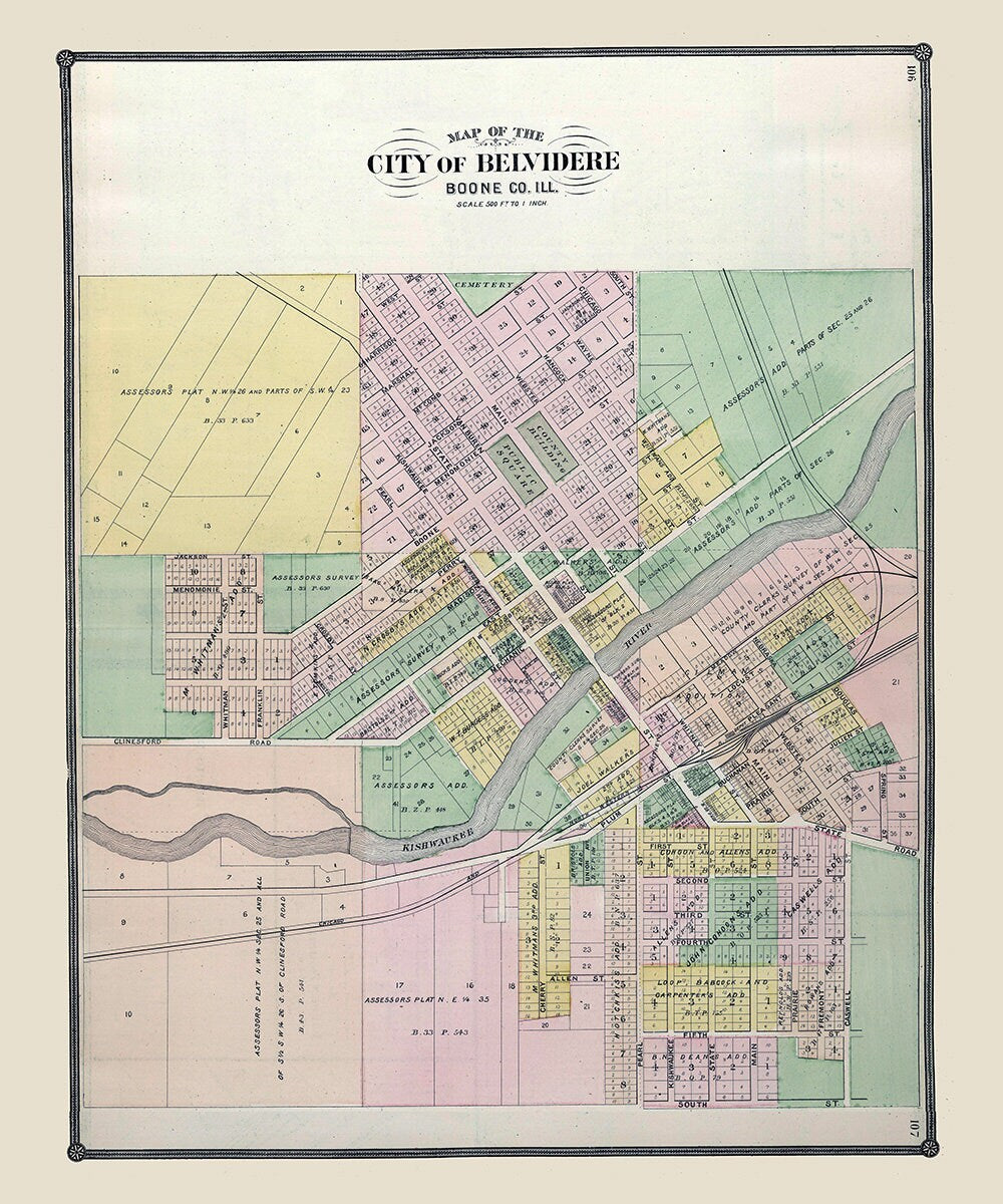 1886 Map of Belvidere Boone County Illinois