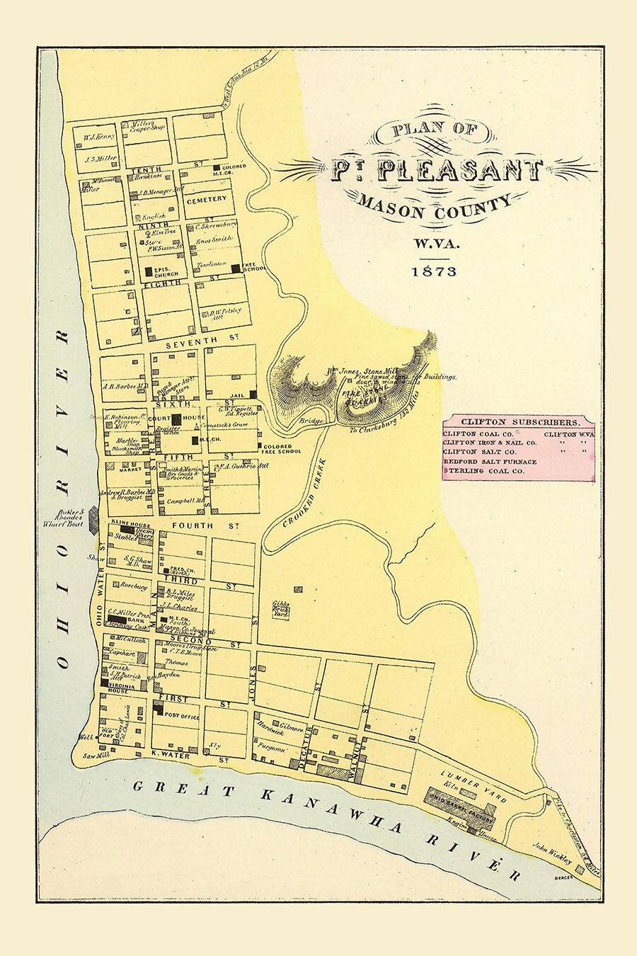 1873 Map of Pt Pleasant Mason County West Virginia
