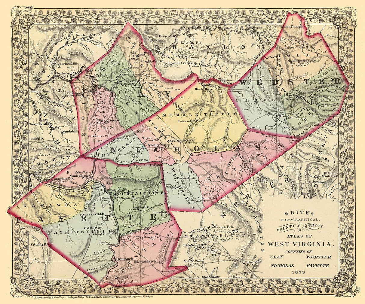 1873 Map of Clay Webster Nicholas and Fayette County West Virginia