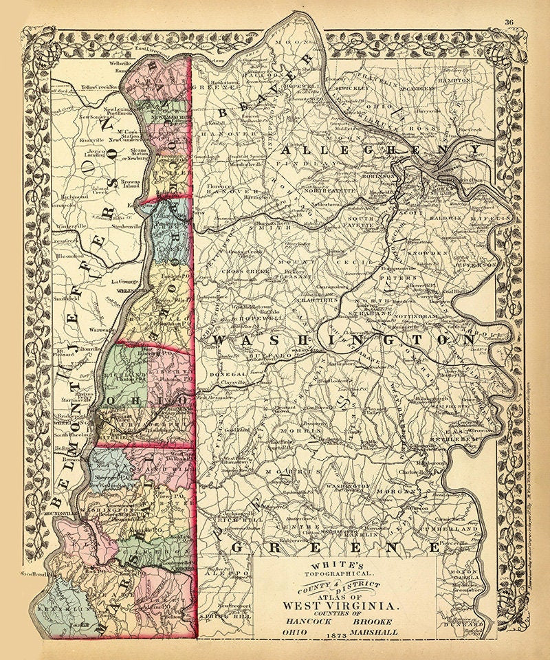 1873 Map of Hancock Brooke Ohio and Marshall County West Virginia