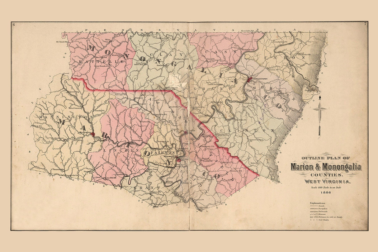 1886 Map of Marion and Monongalia County West Virginia