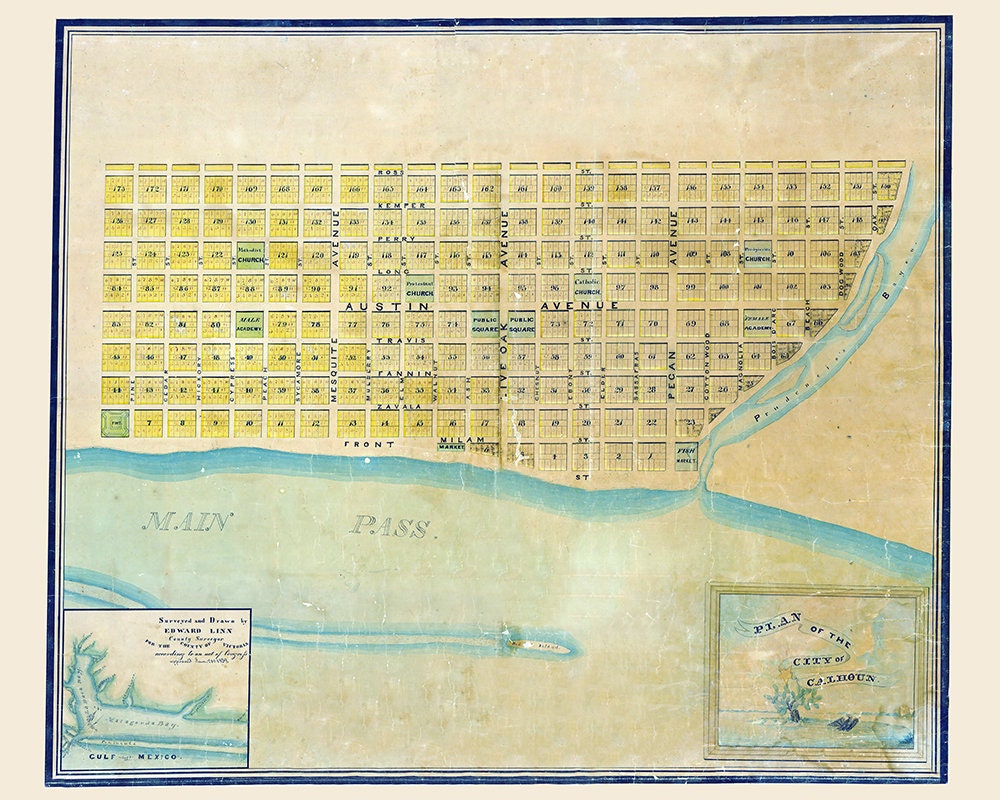 1840 Town Map of Calhoun Texas Matagorda Bay