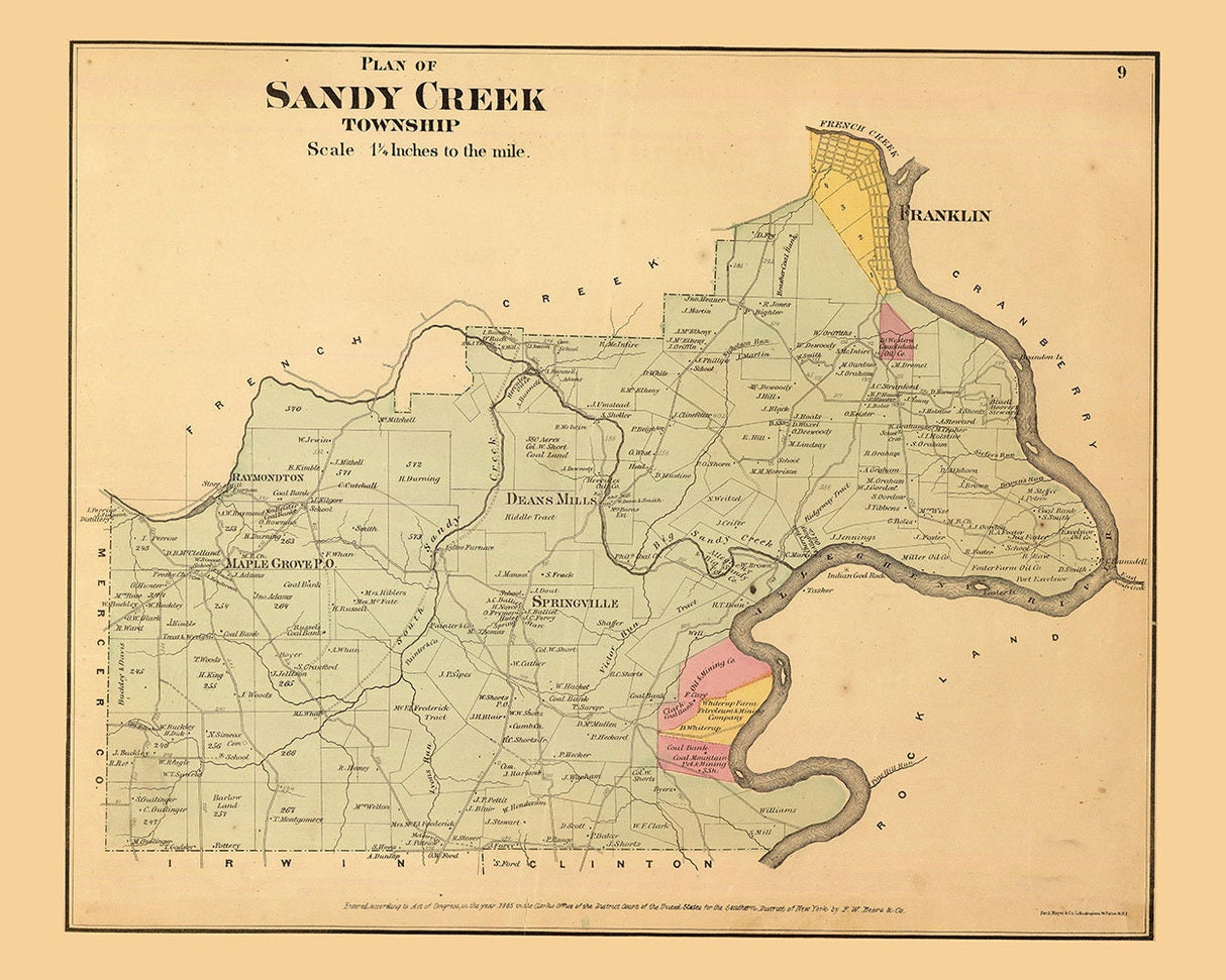 1865 Map of Sandy Creek Township Venango County Pennsylvania Oil Region