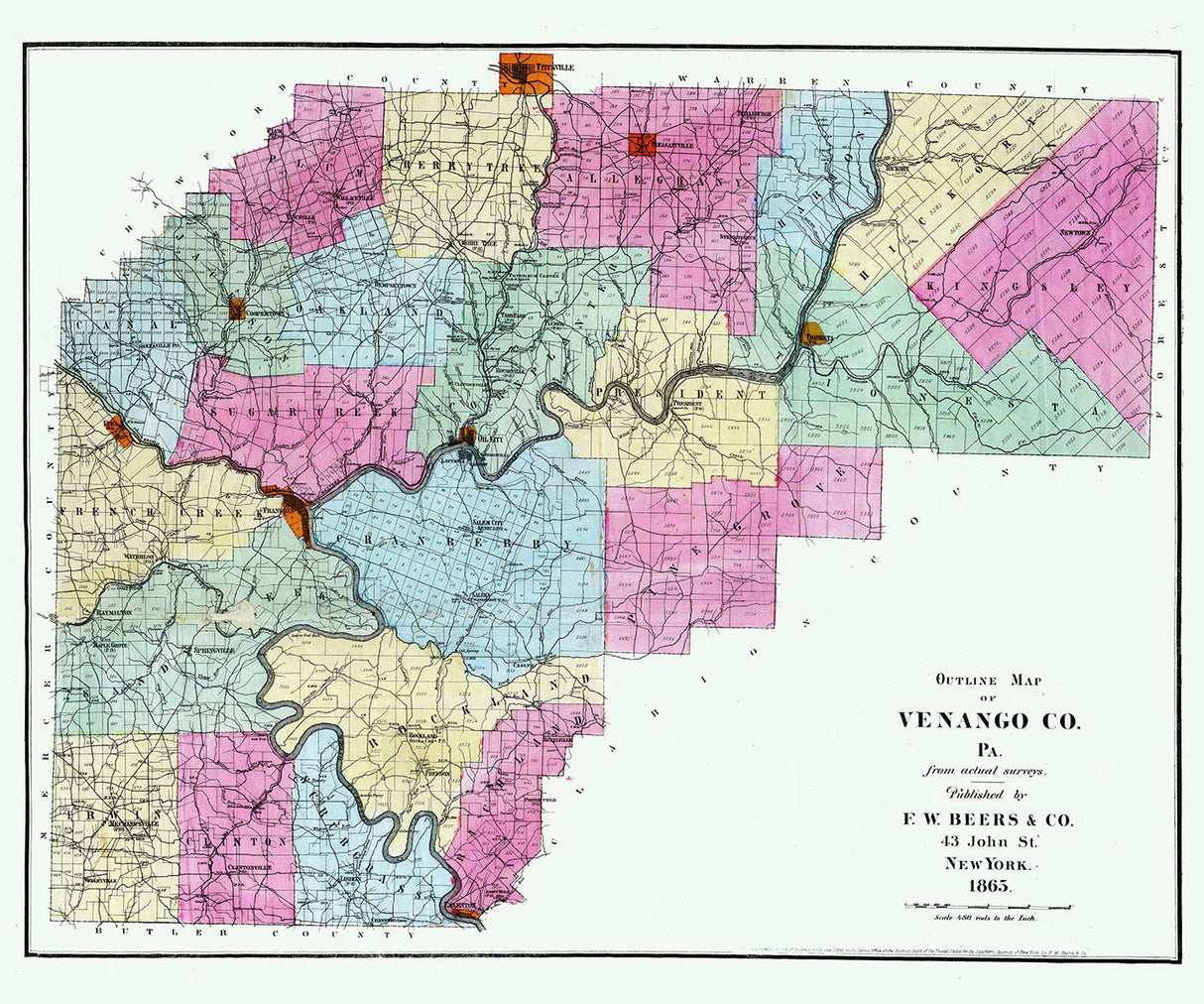 1865 Map of Venango County Pennsylvania Oil Region