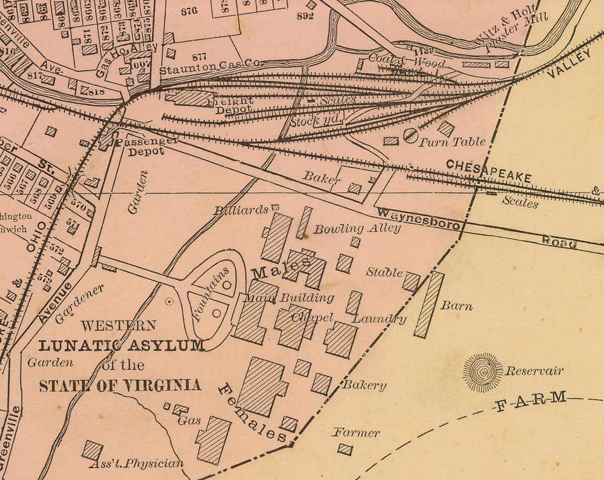 1885 Map of Staunton Augusta County Virginia