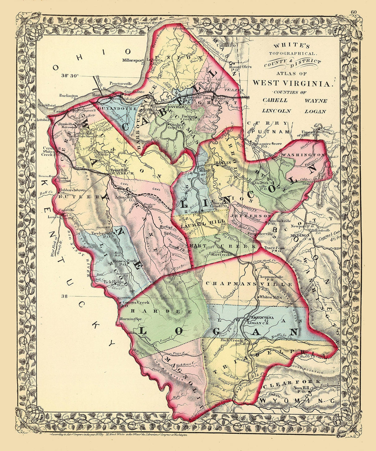 1873 Map of Cabell Wayne Lincoln and Logan County West Virginia