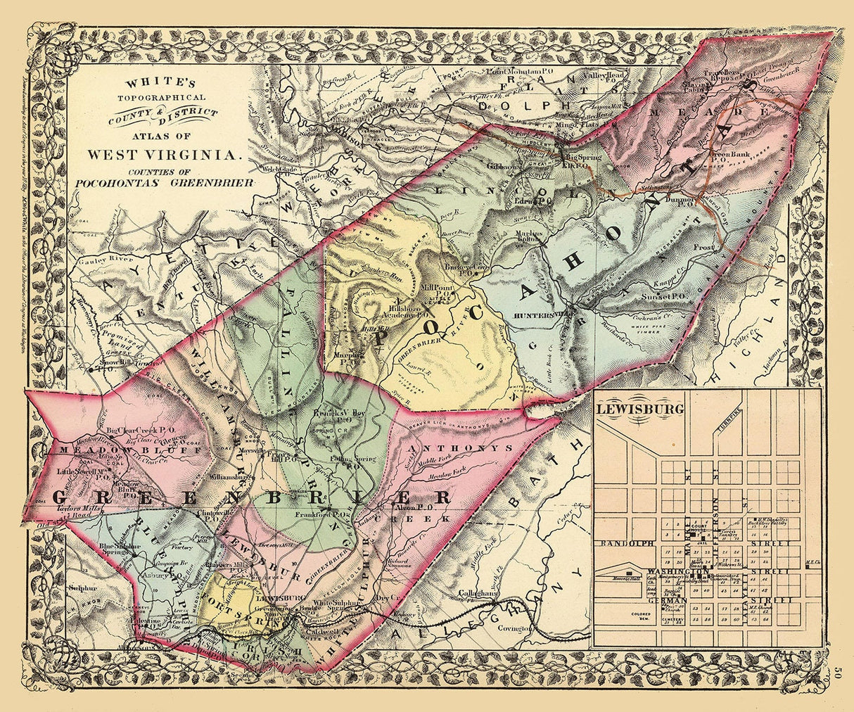 1873 Map of Pocohontas and Greenbrier County West Virginia