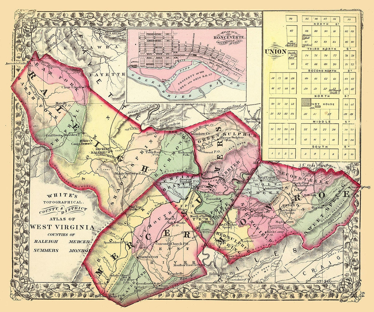 1873 Map of Raleigh Mercer Summers and Monroe County West Virginia