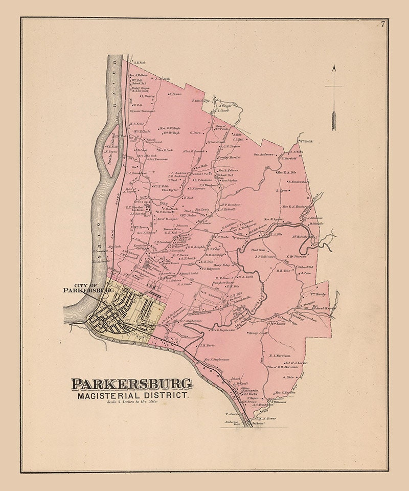 1886 Map of Parkersburg District Wood County West Virginia