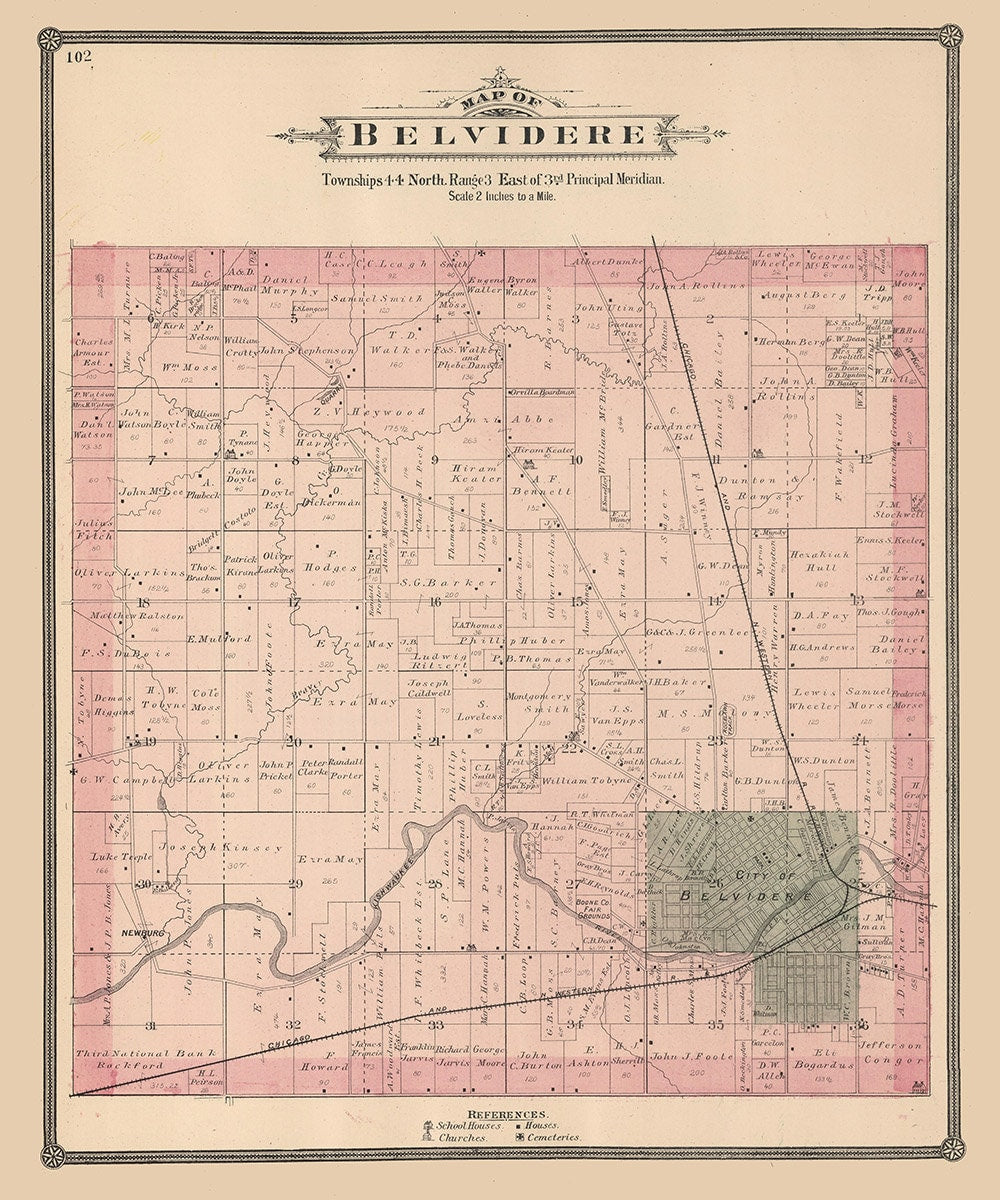 1886 Map of Belvidere Township Boone County Illinois
