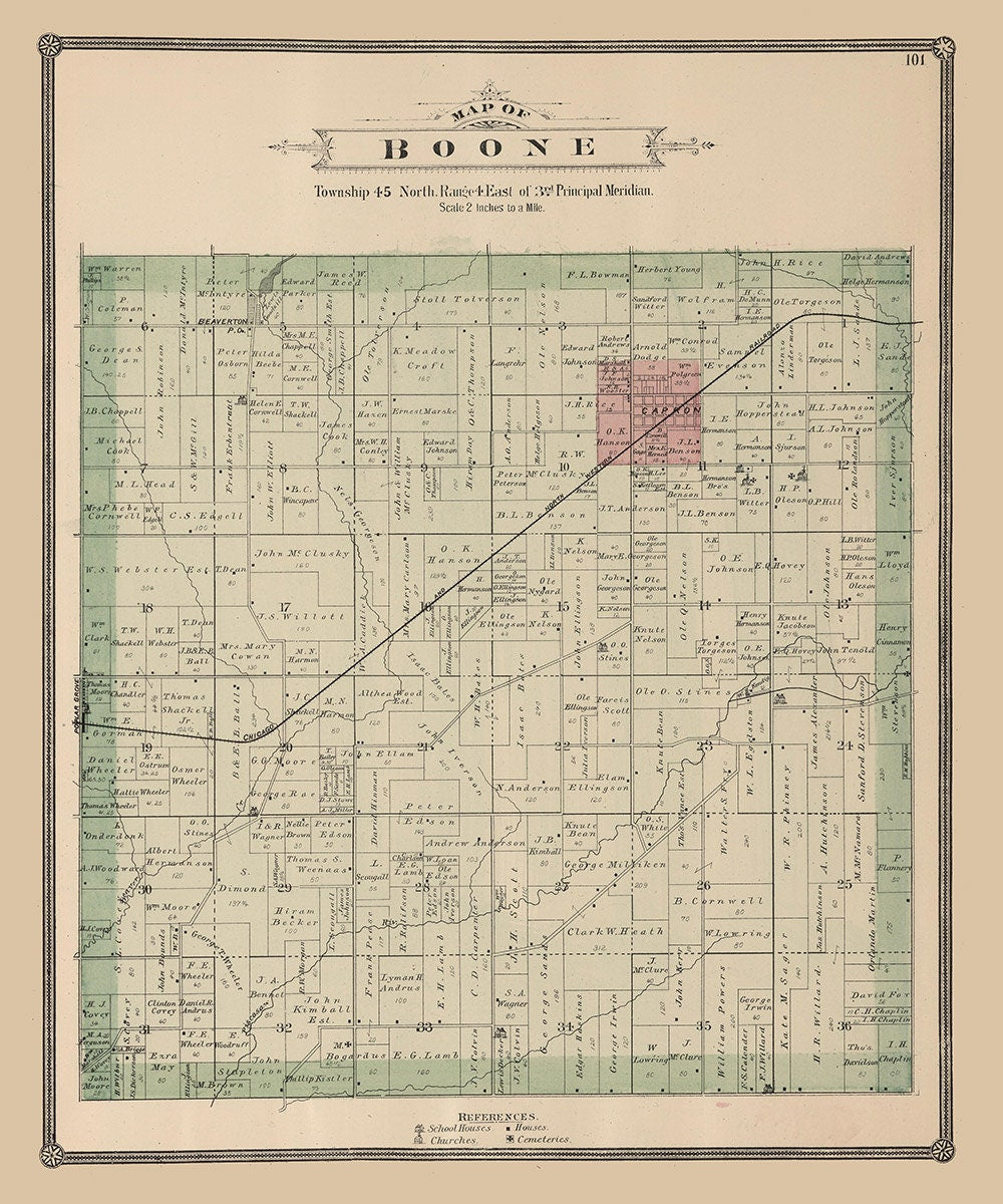 1886 Map of Boone Township Boone County Illinois