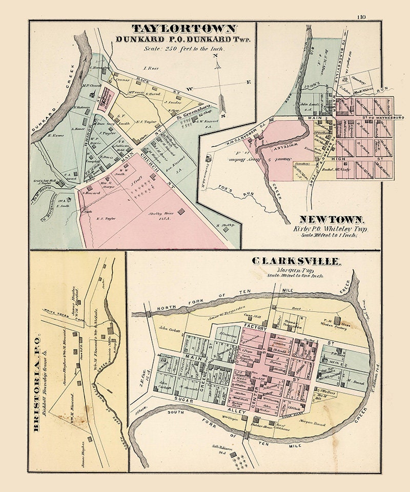 1876 Map of Taylortown Greene County Pennsylvania Clarksville