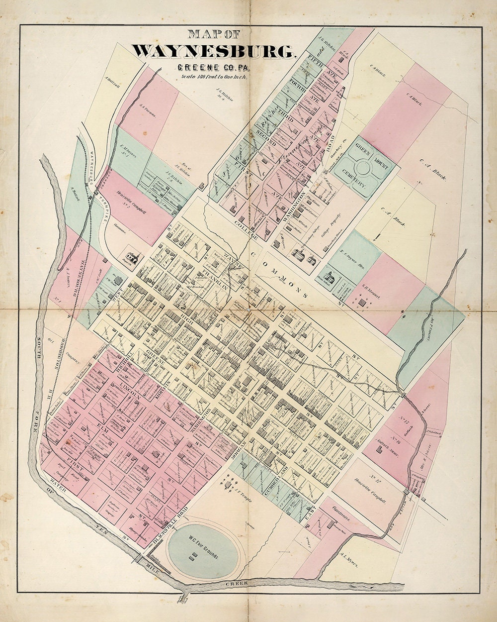1876 Map of Waynesburg Greene County Pennsylvania Caldwells Atlas
