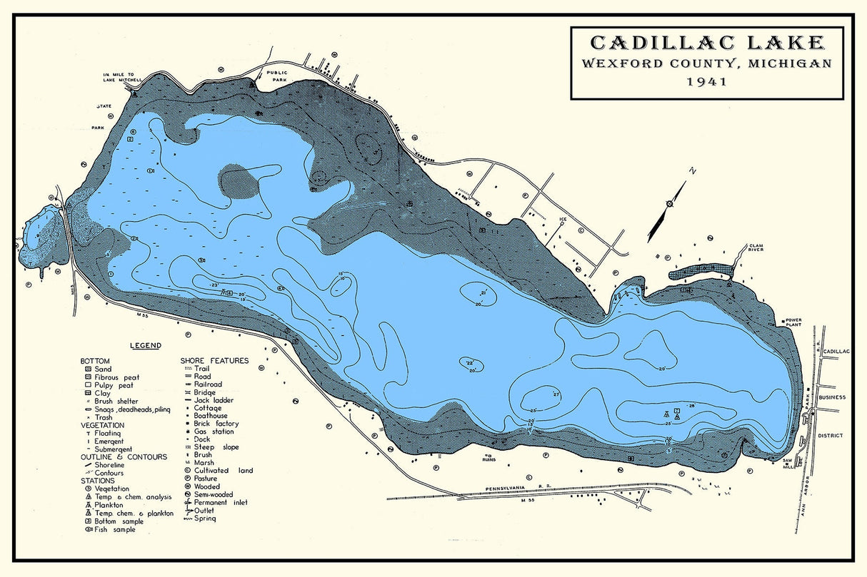 1941 Map of Cadillac Lake Wexford County Michigan