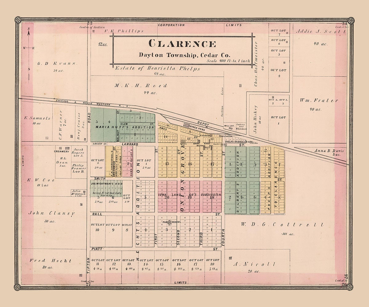 1885 Map of Clarence Cedar County Iowa