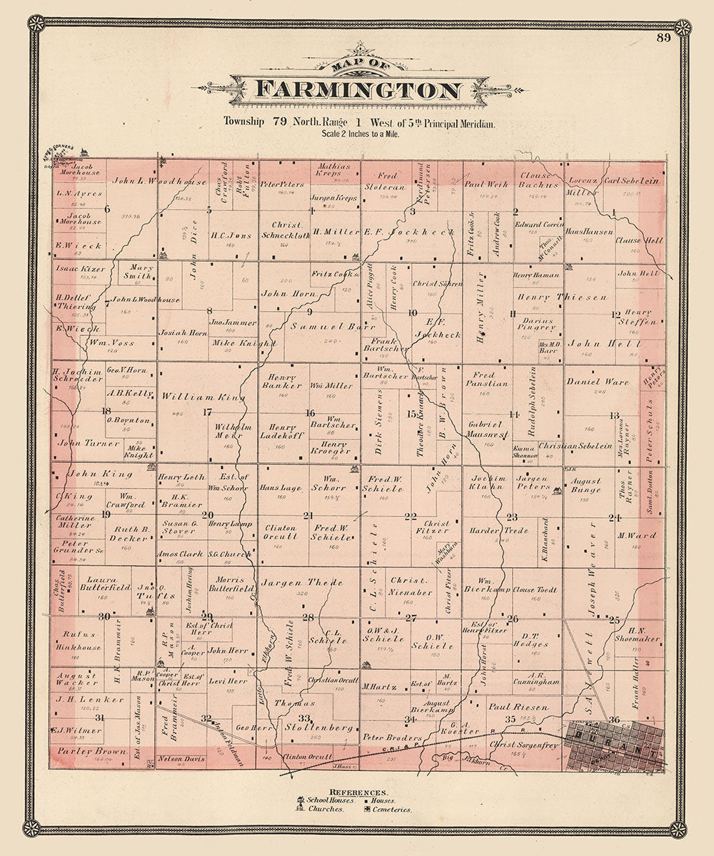 1885 Map of Farmington Township Cedar County Iowa