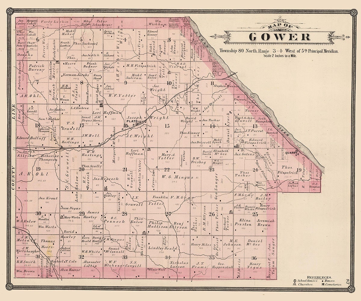 1885 Map of Gower Township Cedar County Iowa