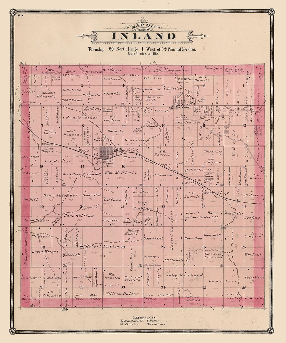1885 Map of Inland Township Cedar County Iowa