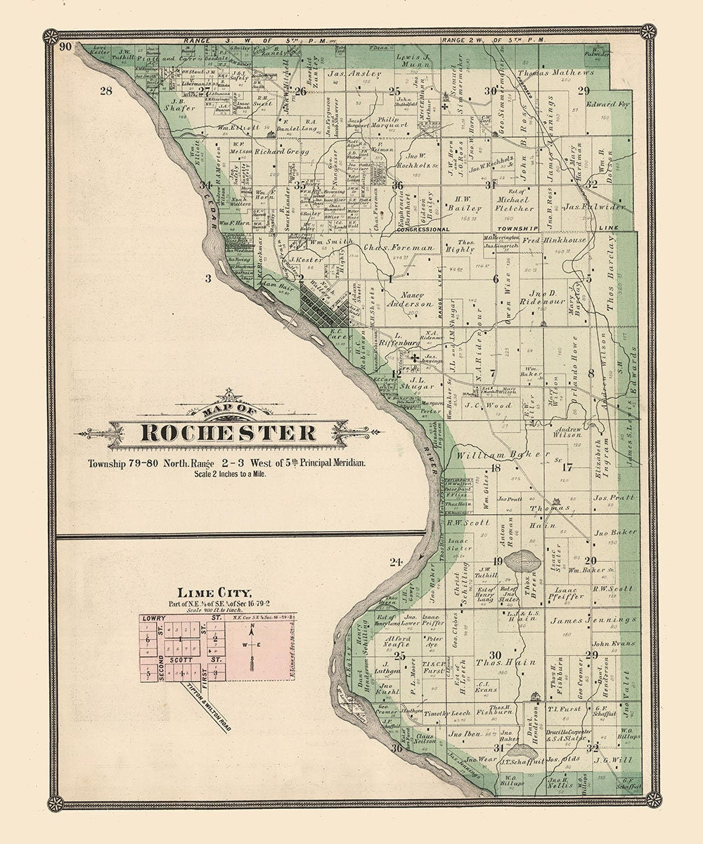 1885 Map of Rochester Township Cedar County Iowa