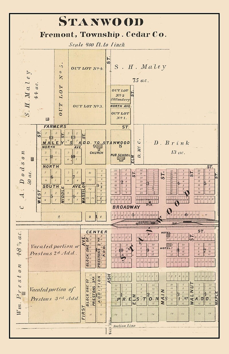 1885 Map of Stanwood Cedar County Iowa
