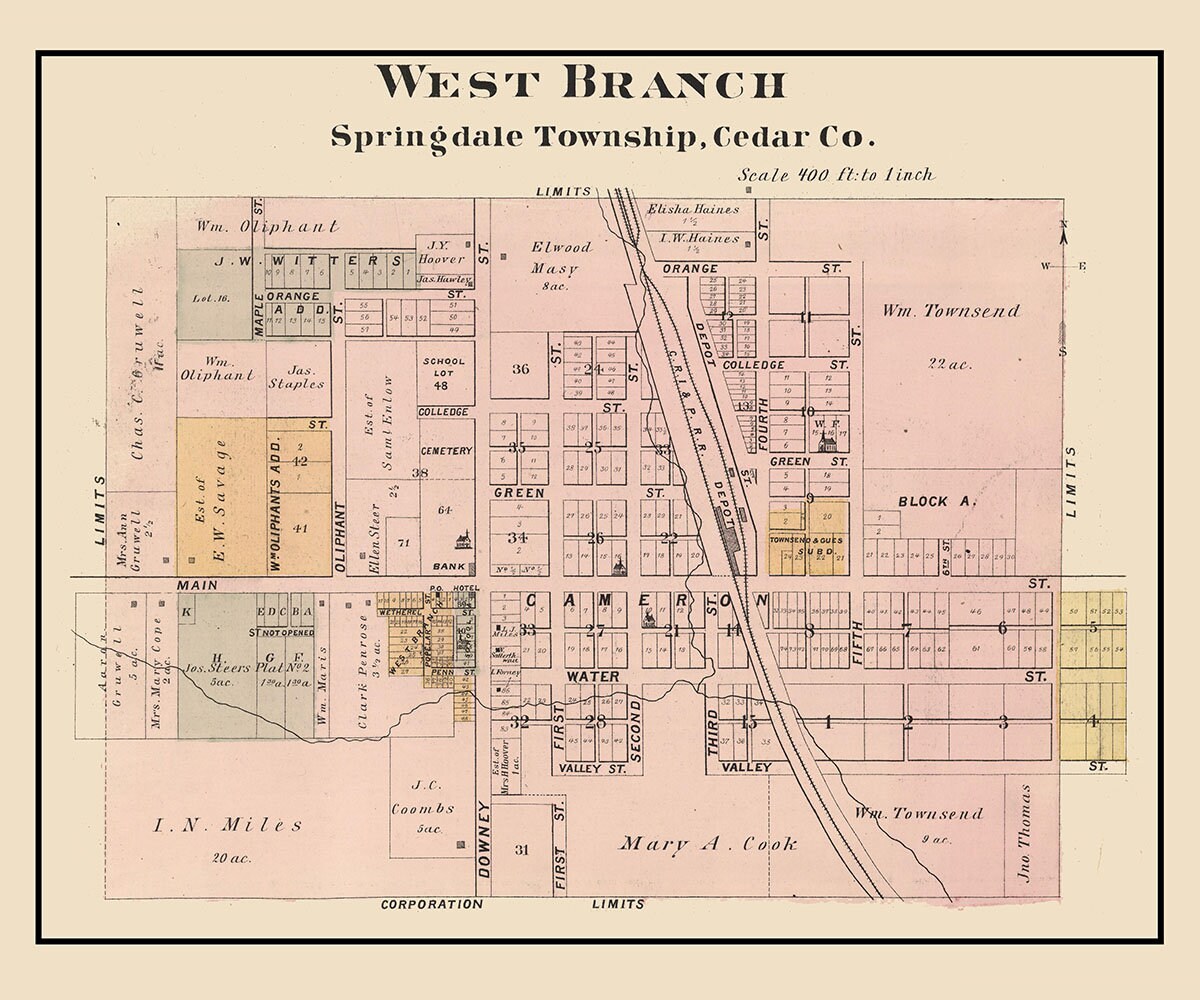 1885 Town Map of West Branch Cedar County Iowa