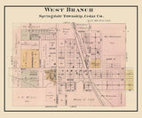 1885 Town Map of West Branch Cedar County Iowa