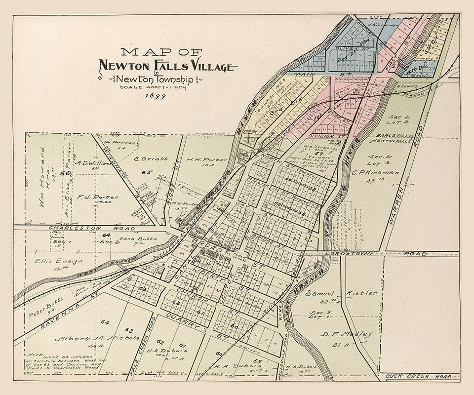 1899 Map of Newton Falls Village Trumbull County Ohio