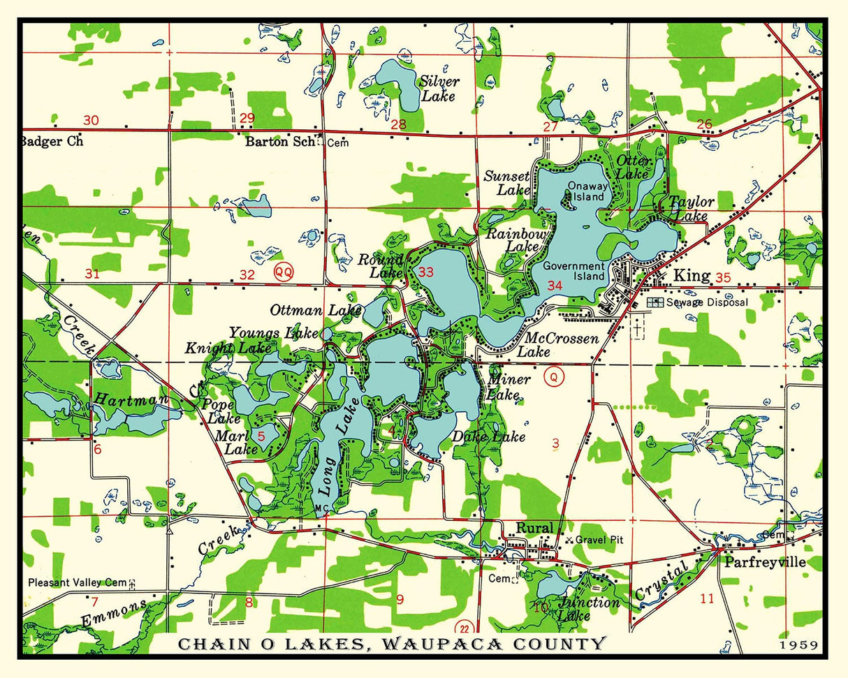 1959 Map of Chain O Lakes Waupaca County Wisconsin