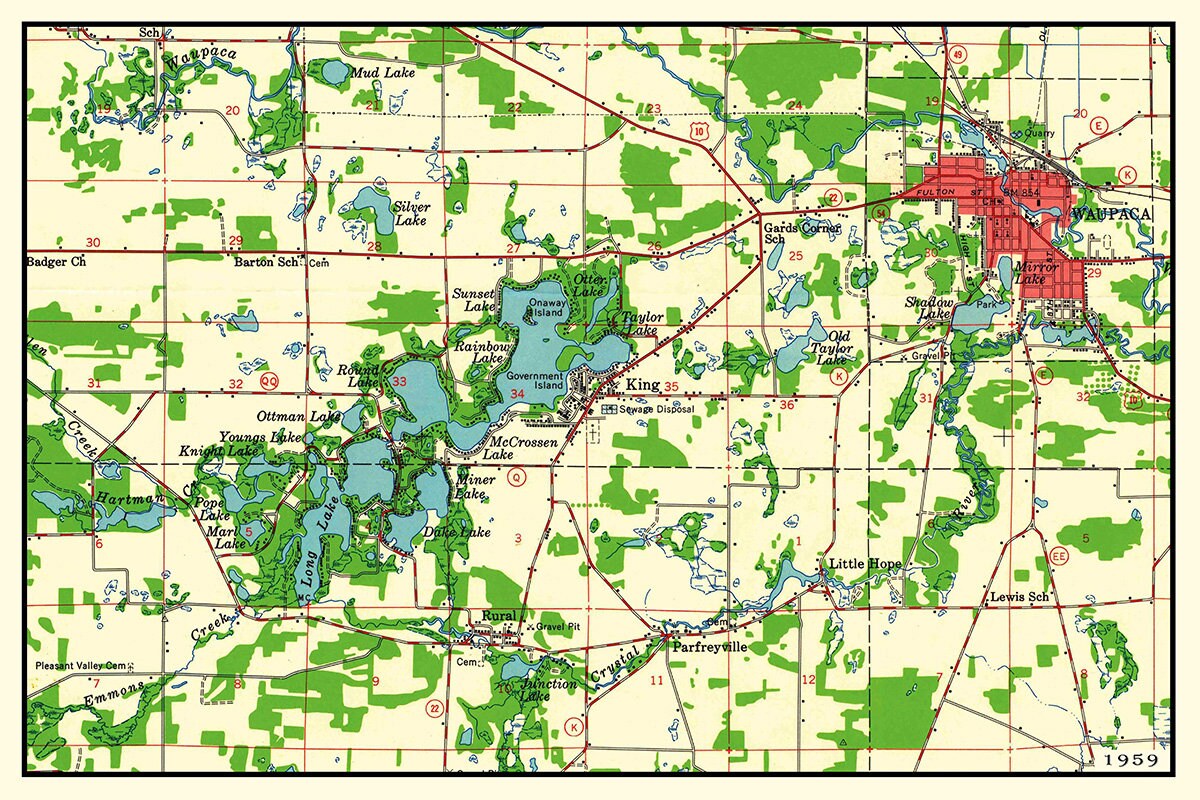 1959 Map of Waupaca Wisconsin and Chain O Lakes