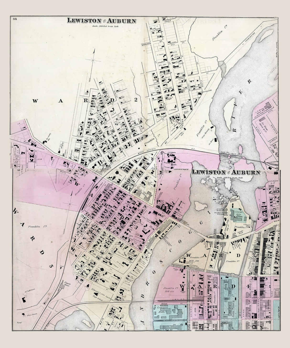 1873 Map of Lewiston and Auburn Maine