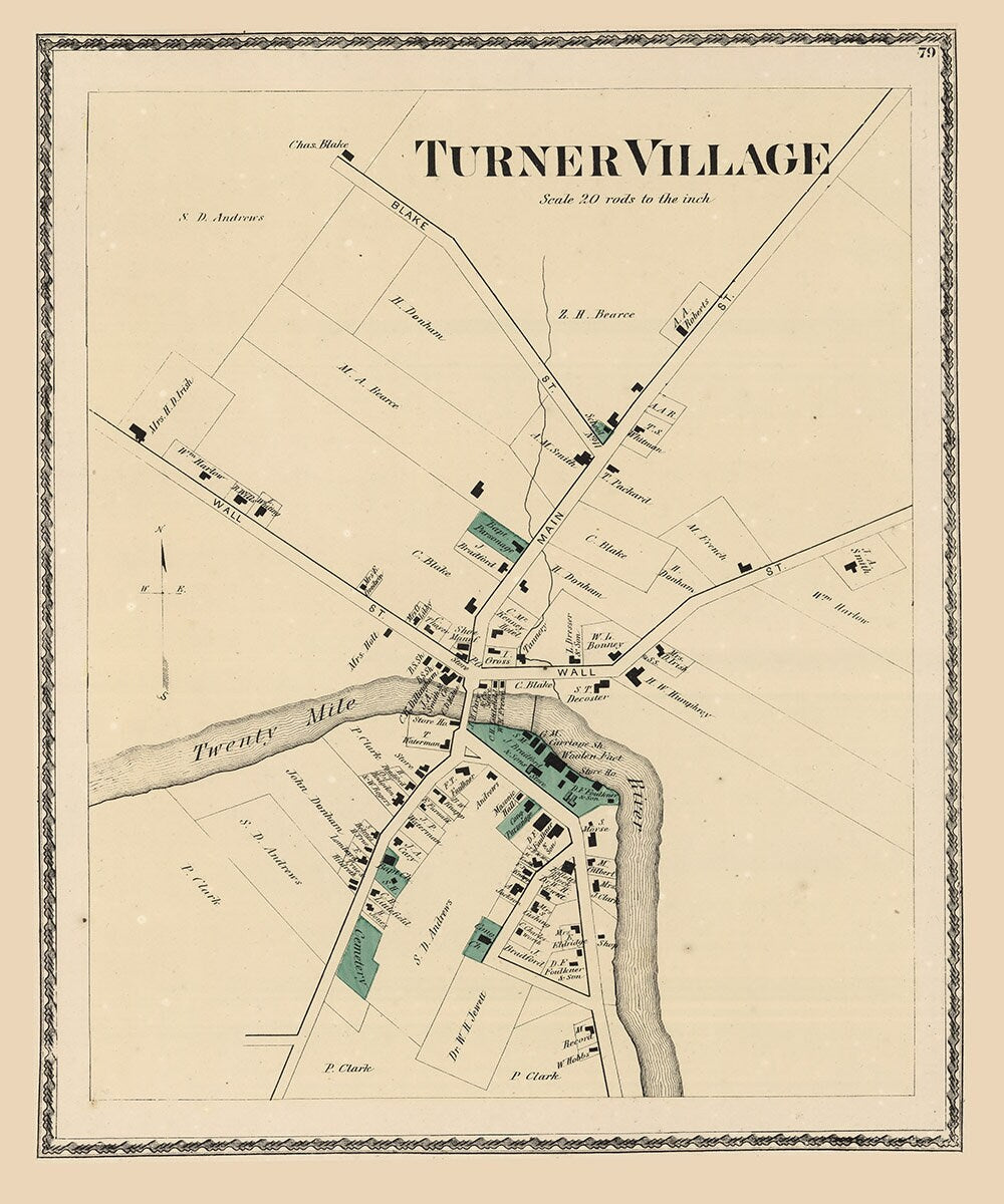 1873 Map of Turner Village Androscoggin County Maine