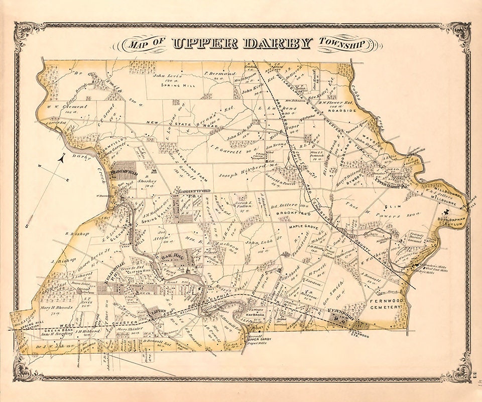 1875 Map of Upper Darby Township Delaware County Pennsylvania