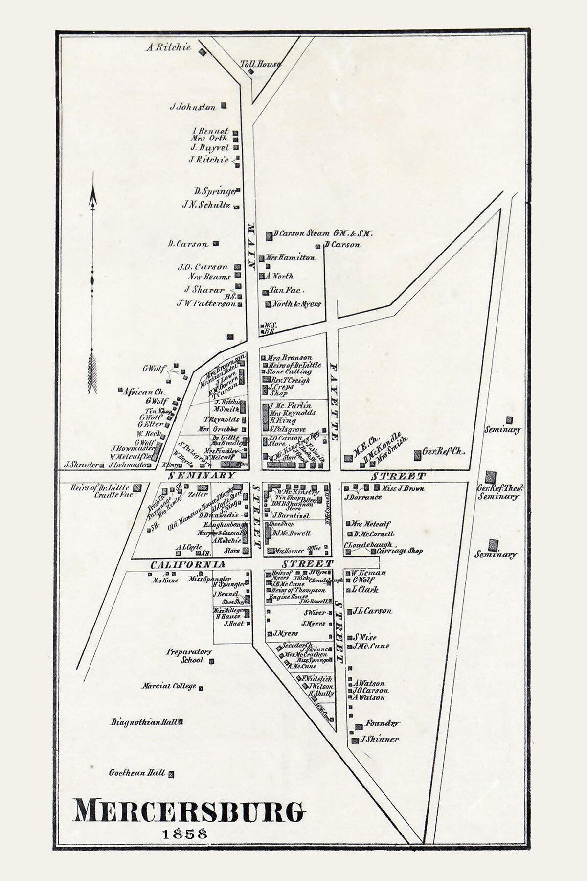 1858 Map of Mercersburg Franklin County Pennsylvania