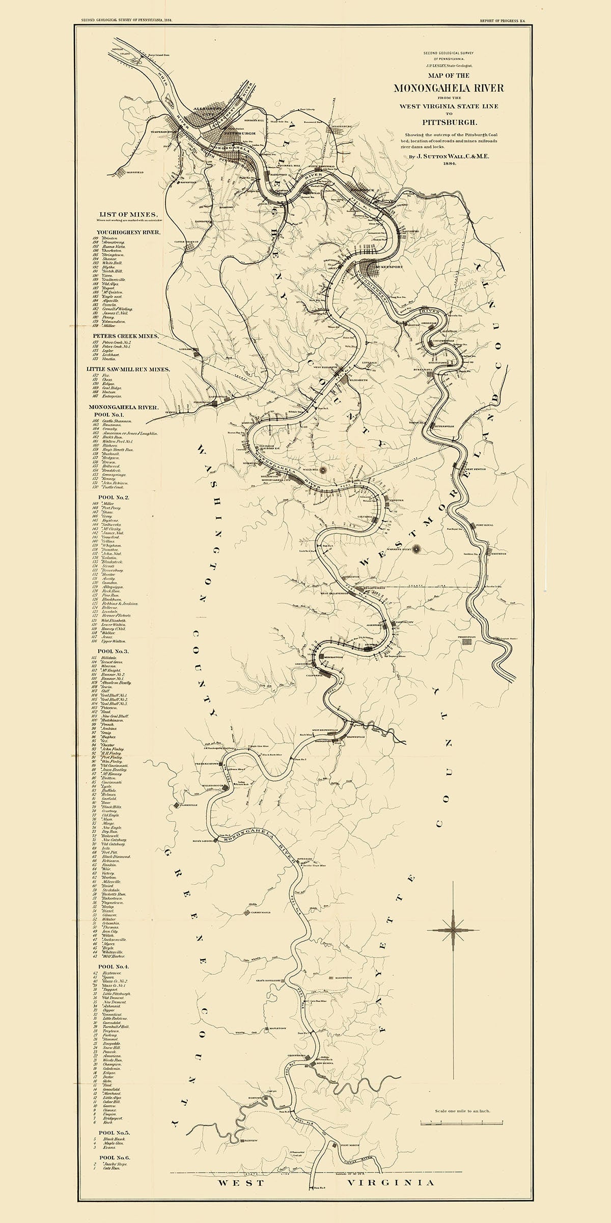 1884 Map of Coal Mines Along the Monongahela River Pennsylvania