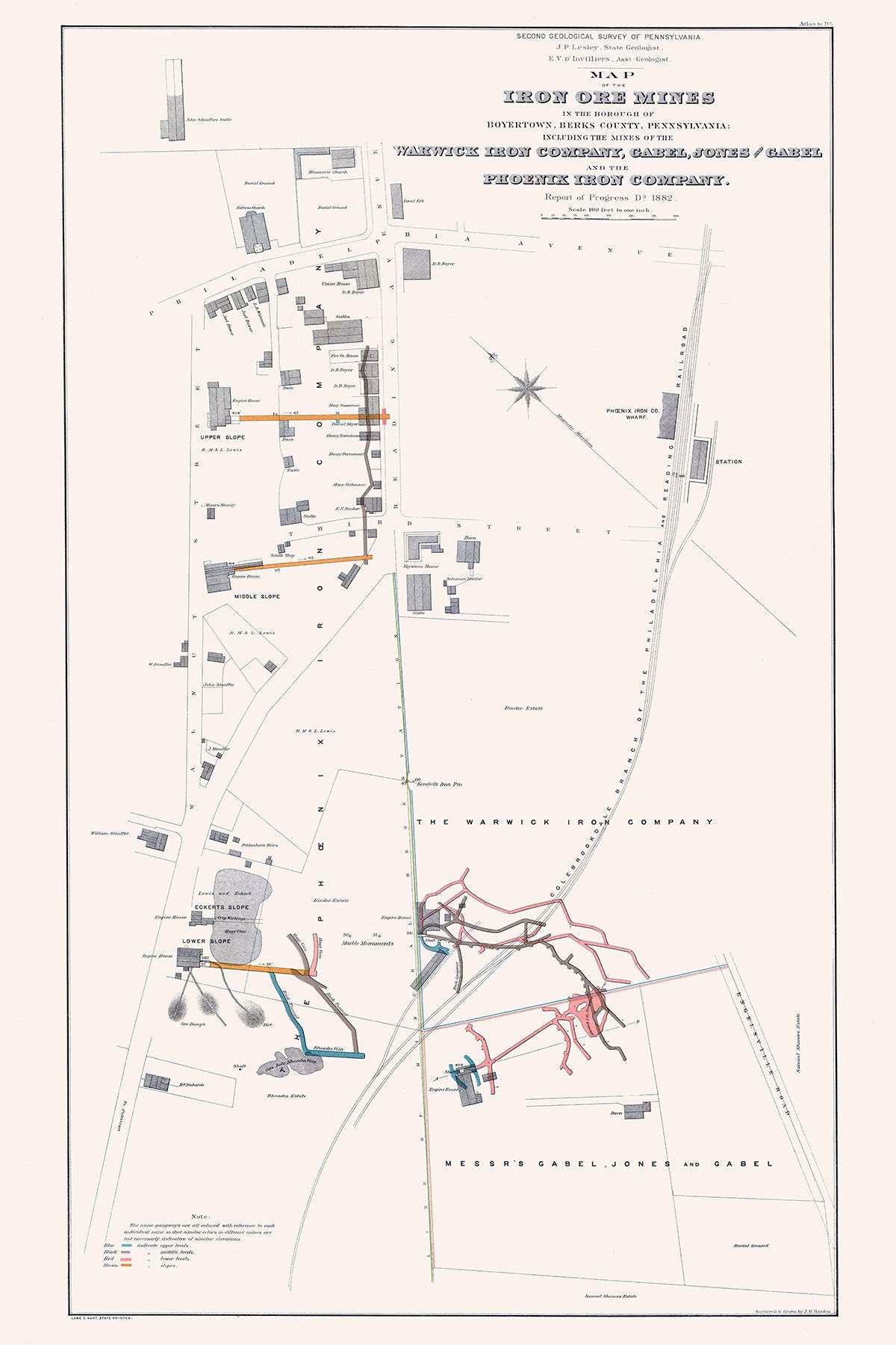 1882 Map of Boyertown Berks County Pennsylvania Iron Ore Mines