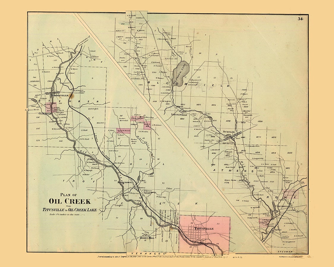 1865 Map of Oil Creek Venango County Pennsylvania Oil Region