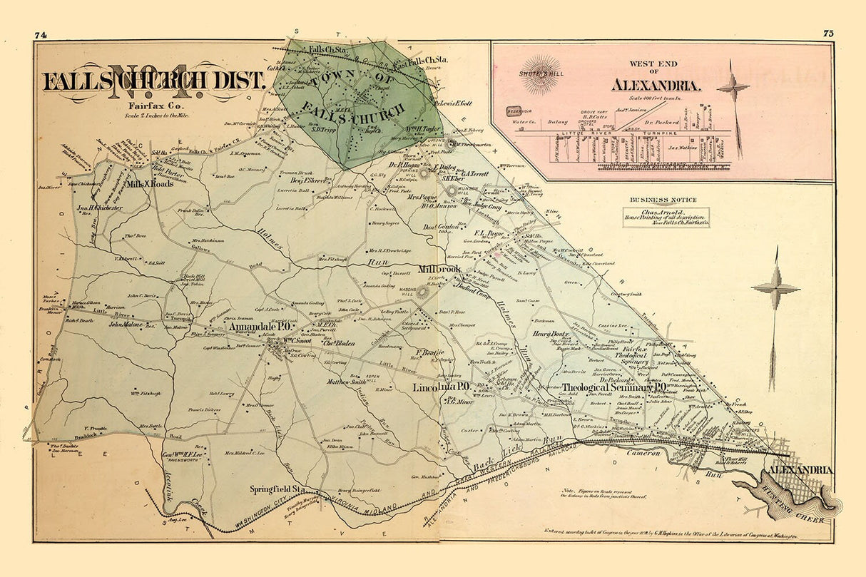 1879 Map of Falls Church District Fairfax County Virginia