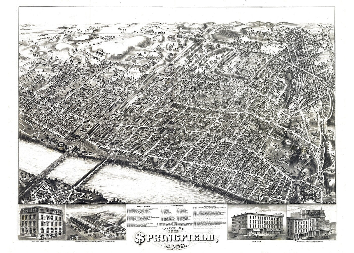 1875 Panoramic Map of Springfield Massachusetts