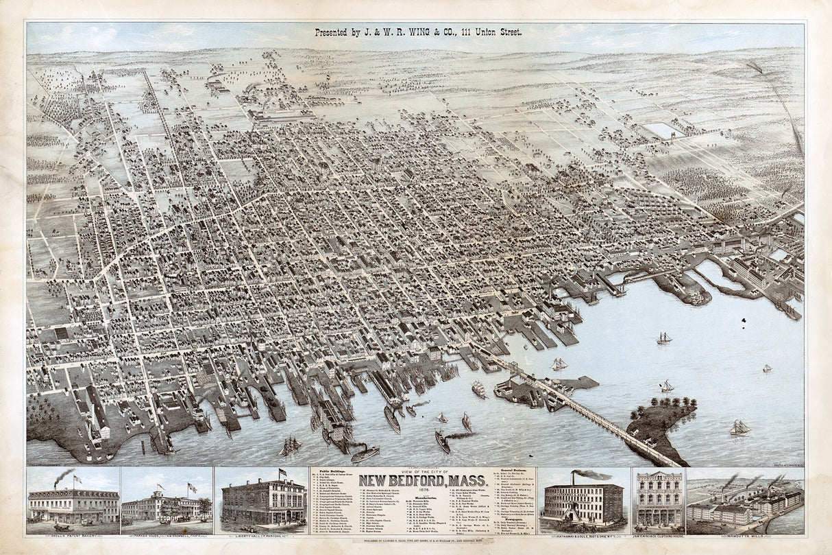 1876 Panoramic Map of New Bedford Massachusetts