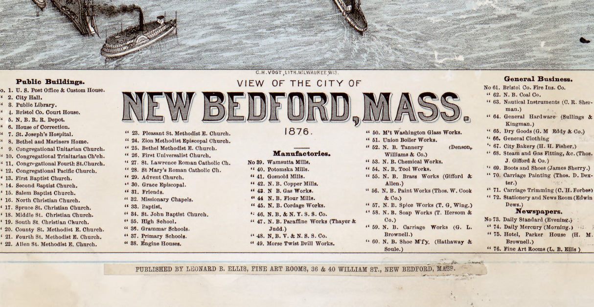 1876 Panoramic Map of New Bedford Massachusetts