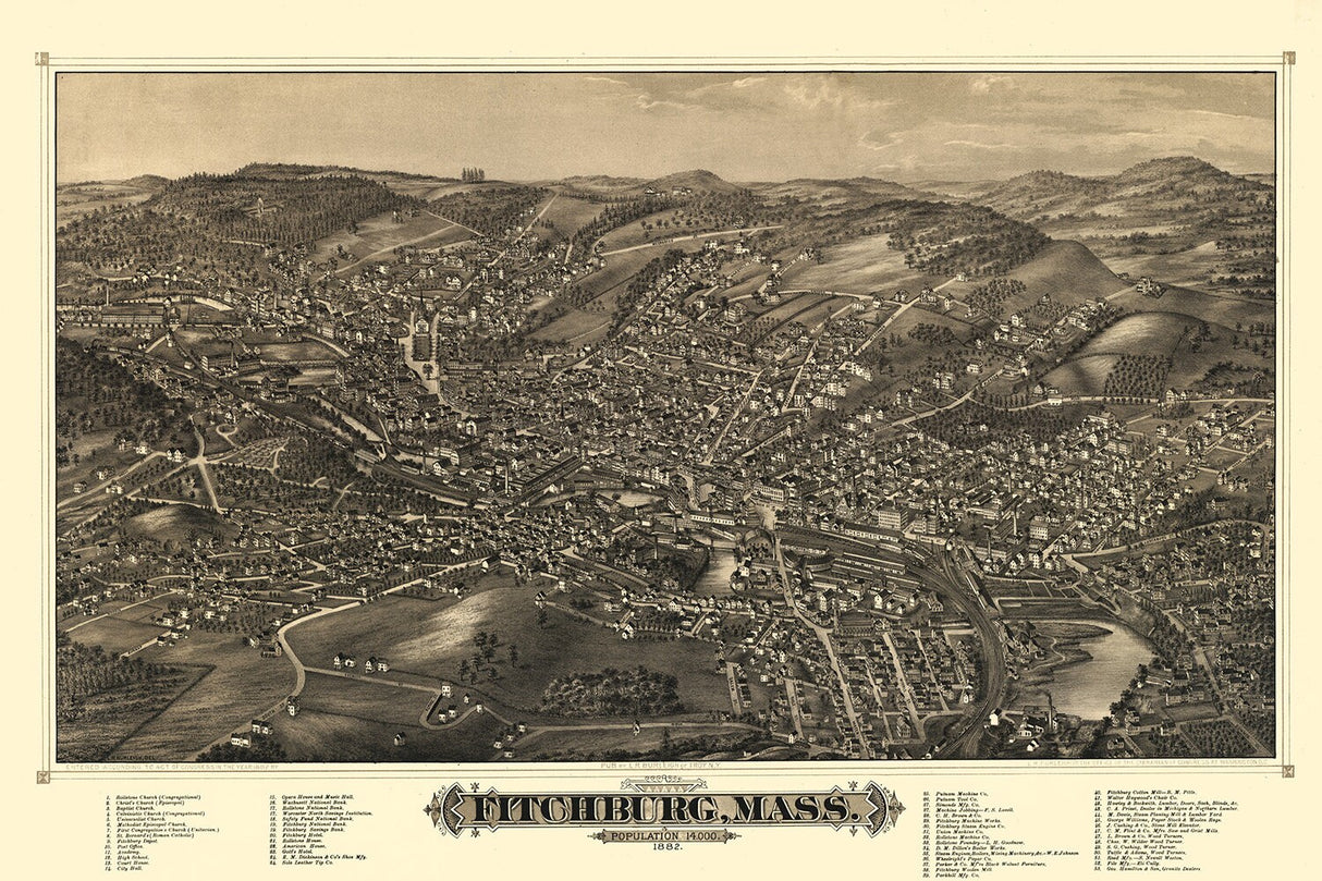 1882 Panoramic Map of Fitchburg Massachusetts