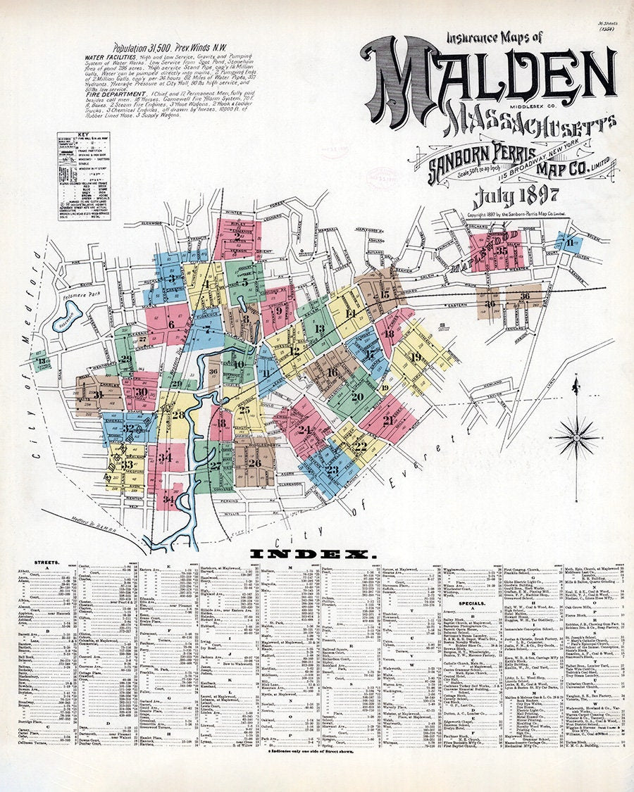 1897 Town Map of Malden Middlesex County Massachusetts