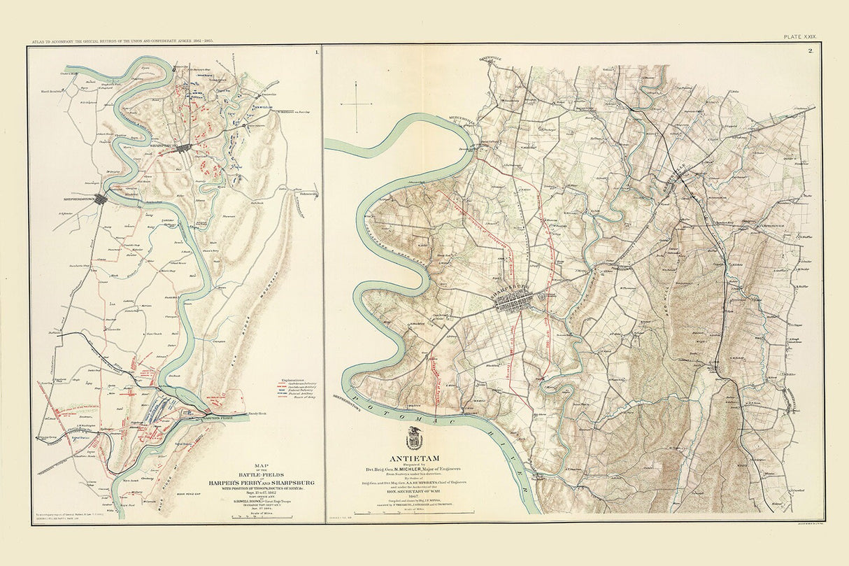 1867 Map Battle of Antietam Sharpsburg Maryland and Harpers Ferry