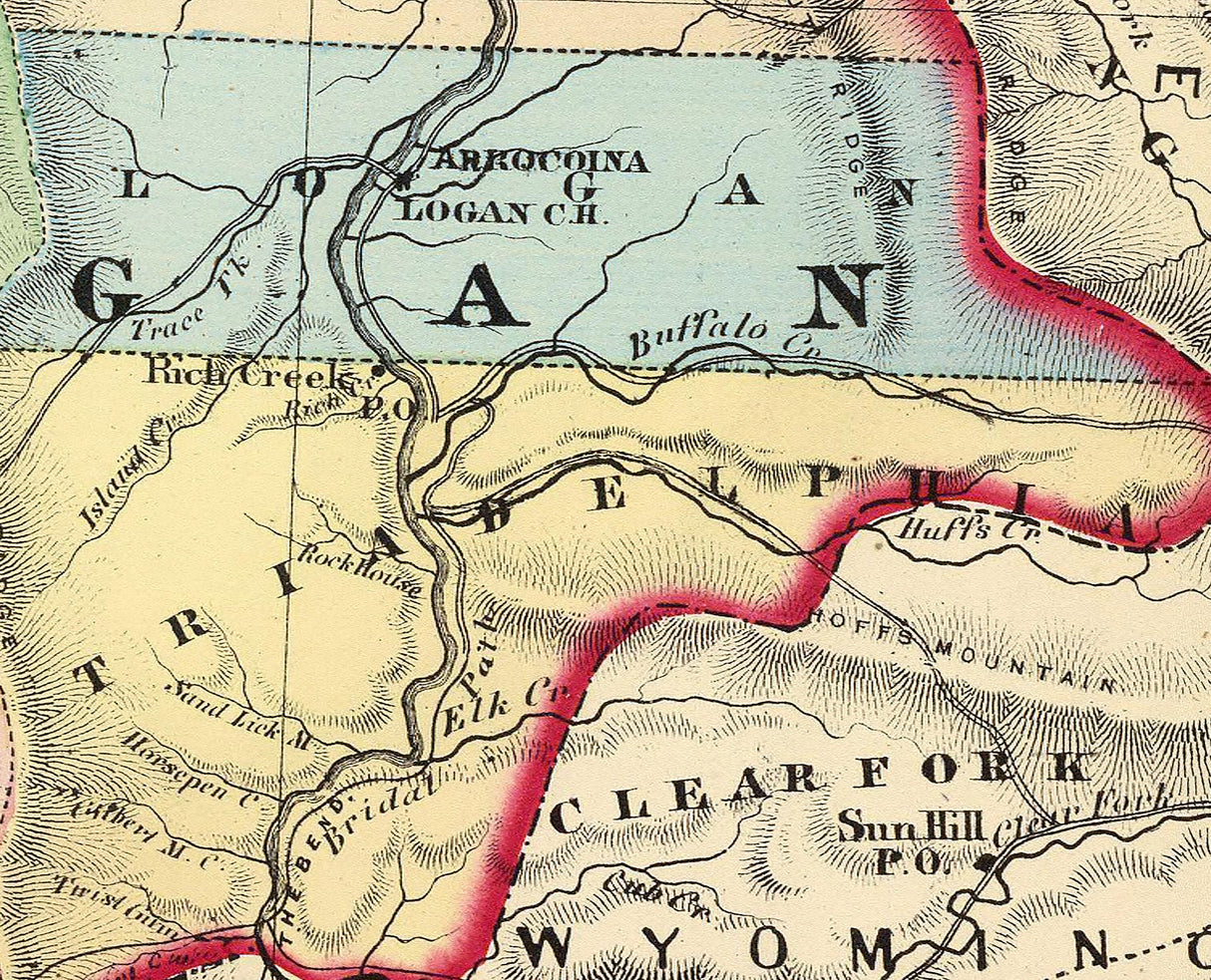 1873 Map of Cabell Wayne Lincoln and Logan County West Virginia